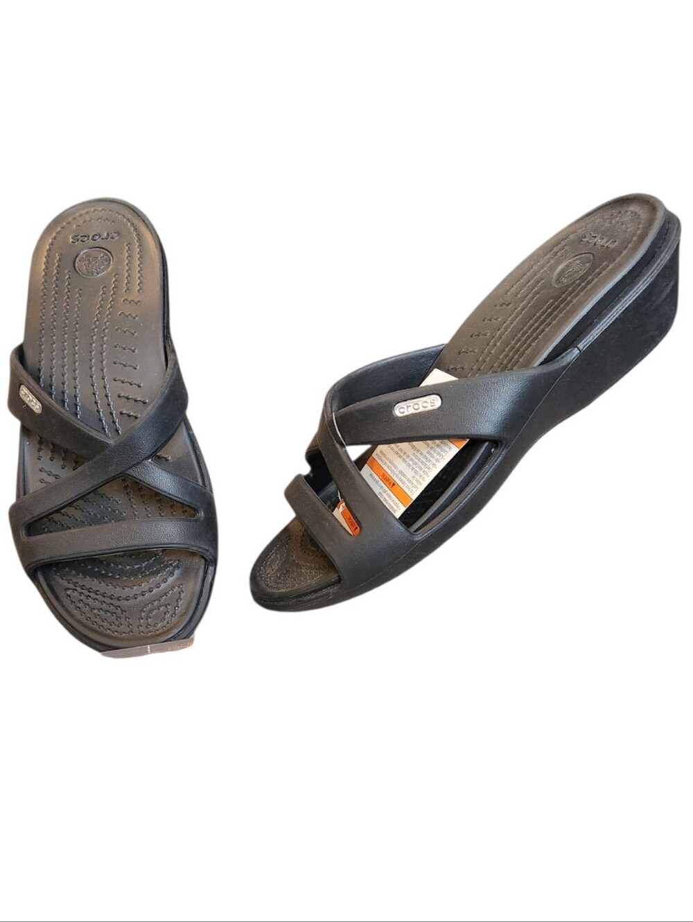 NWT CROCS Patricia Black Strappy 2" Wedge Sandals Size 8 Slip-On Waterproof